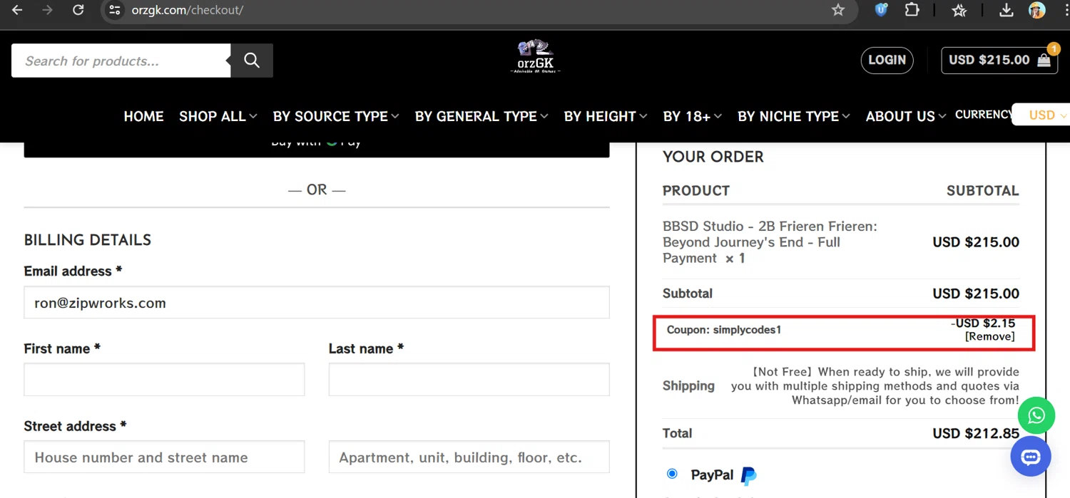 OrzGK discount code screenshot showing code SIMPLYCODES1 applied at OrzGK checkout page. Uploaded by SimplyCodes community member Jonalyn on Nov 6, 2025