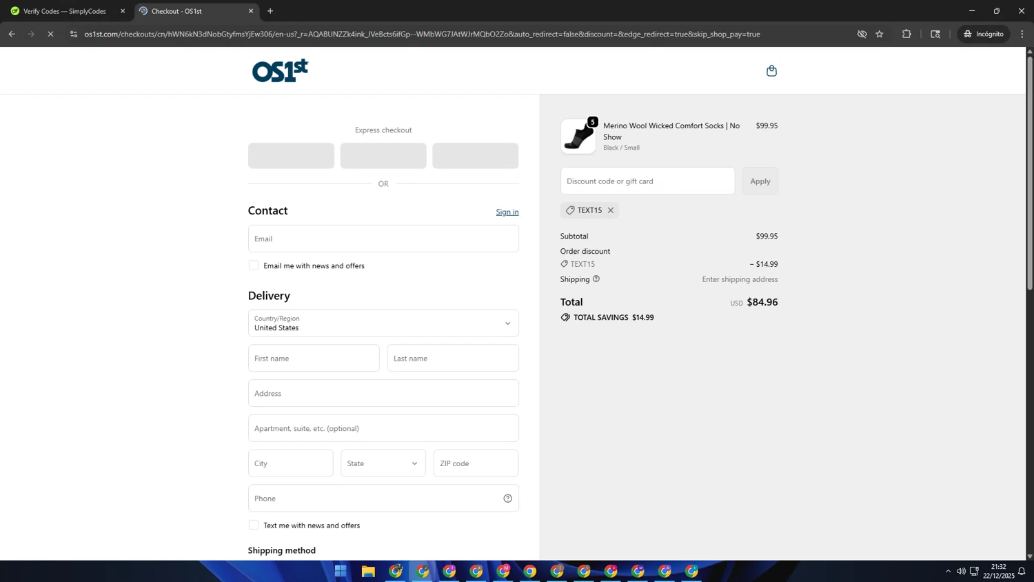 OS1st discount code screenshot showing code TEXT15 applied at OS1st checkout page. Uploaded by SimplyCodes community member AVATIGRITO on Dec 23, 2025