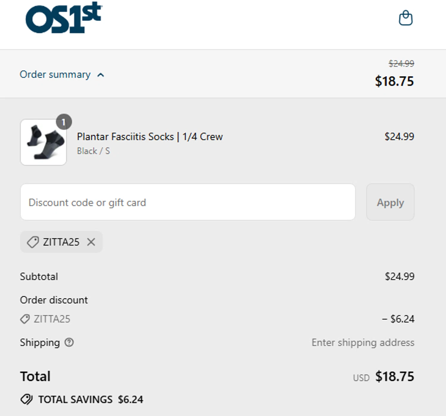 OS1st discount code screenshot showing code ZITTA25 applied at OS1st checkout page. Uploaded by SimplyCodes community member CouponLion324 on Aug 16, 2025