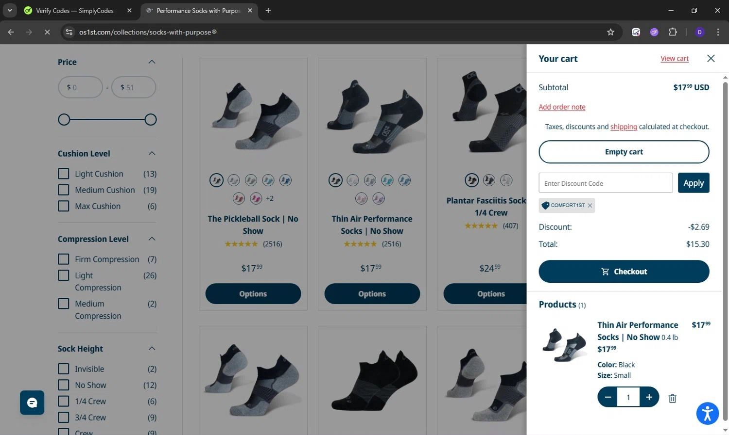 OS1st discount code screenshot showing code COMFORT1ST applied at OS1st checkout page. Uploaded by SimplyCodes community member Obito6245825041527 on Dec 10, 2025