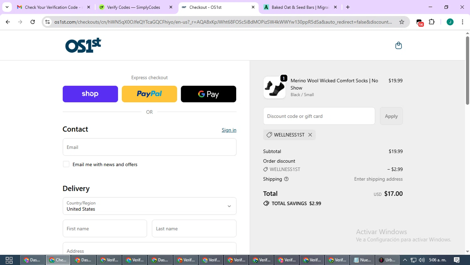 OS1st discount code screenshot showing code WELLNESS1ST applied at OS1st checkout page. Uploaded by SimplyCodes community member SavvyCurator1770 on Nov 29, 2025