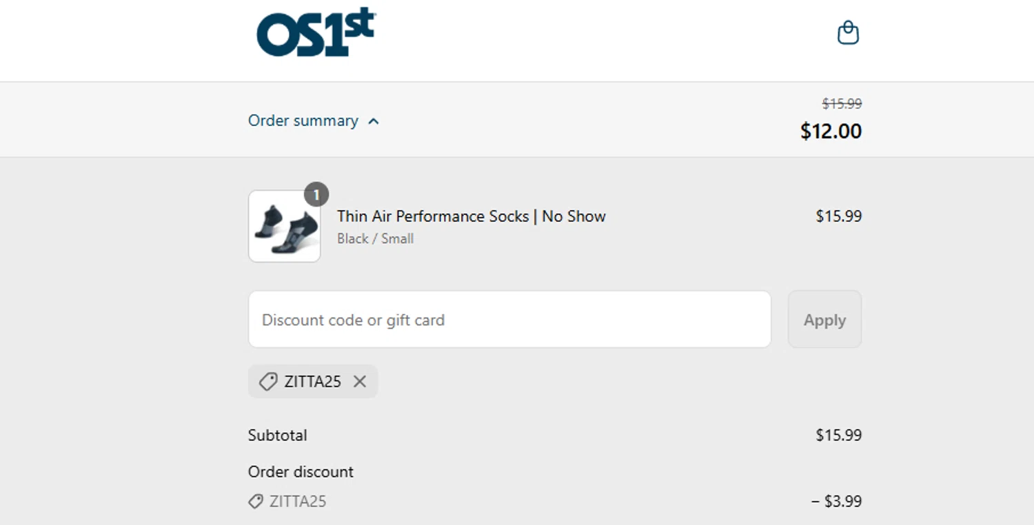OS1st discount code screenshot showing code ZITTA25 applied at OS1st checkout page. Uploaded by SimplyCodes community member ashe1986 on Jul 29, 2025