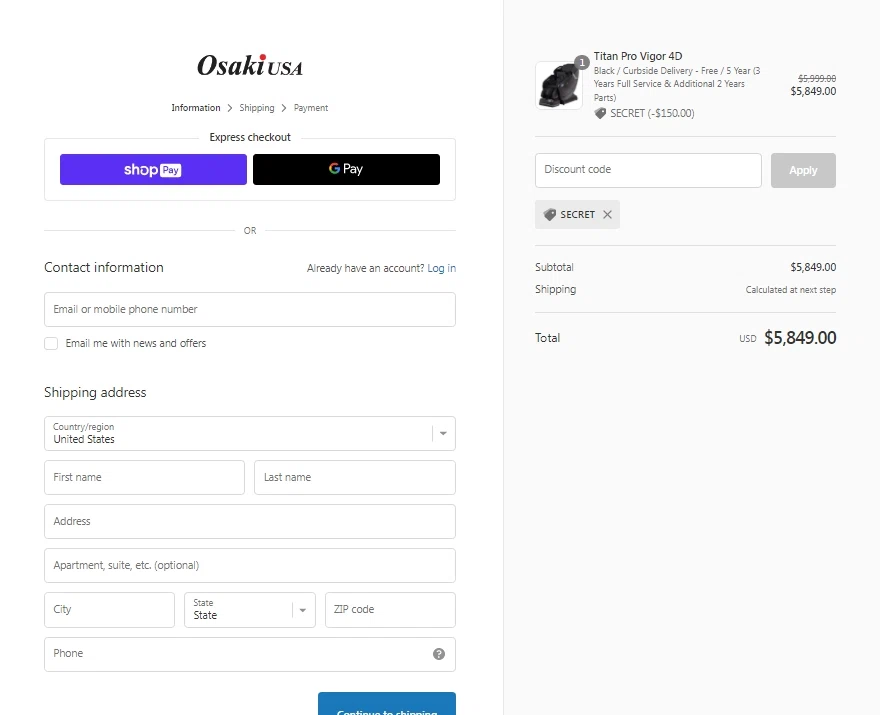 Osaki USA checkout page showing Osaki USA promo code box | Screenshot taken by SimplyCodes community member on Aug 24, 2022