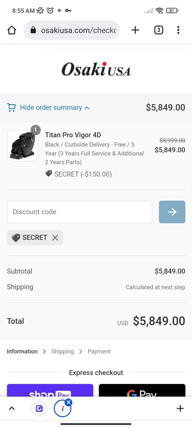 Osaki USA checkout page showing Osaki USA promo code box | Screenshot taken by SimplyCodes community member on Dec 20, 2022