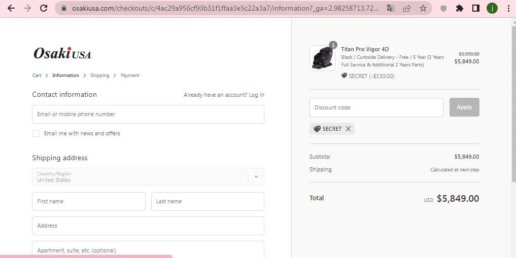 Osaki USA checkout page showing Osaki USA promo code box | Screenshot taken by SimplyCodes community member on Oct 22, 2022