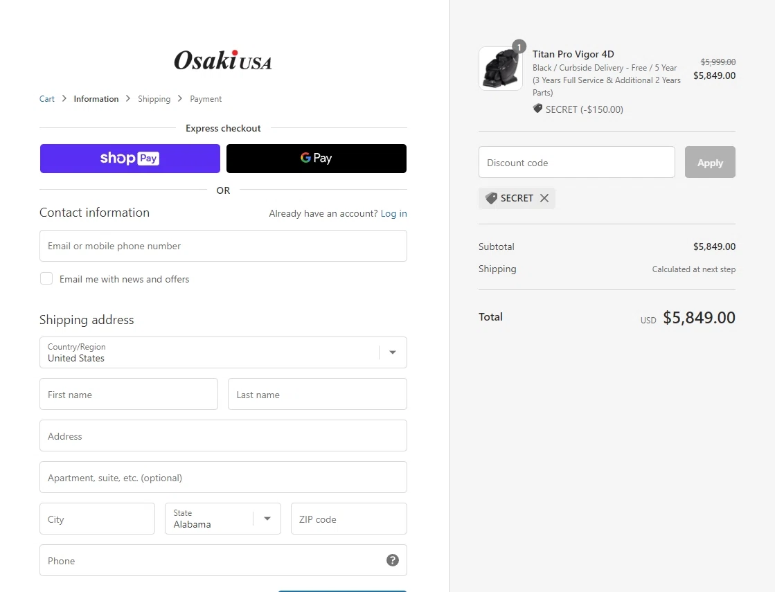 Osaki USA checkout page showing Osaki USA promo code box | Screenshot taken by SimplyCodes community member on Jan 18, 2023