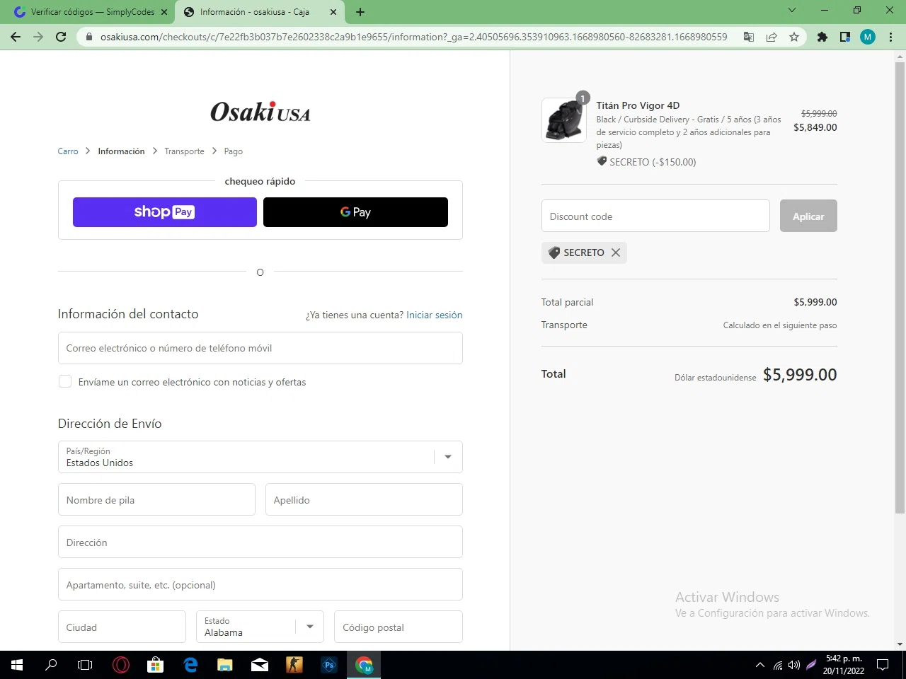 Osaki USA checkout page showing Osaki USA promo code box | Screenshot taken by SimplyCodes community member on Nov 20, 2022