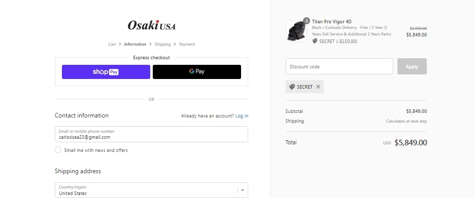 Osaki USA checkout page showing Osaki USA promo code box | Screenshot taken by SimplyCodes community member on Aug 25, 2022