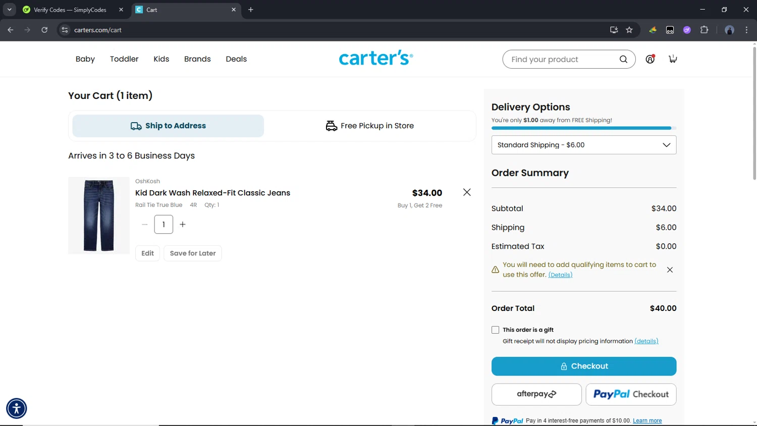 OshKosh B'gosh checkout page showing OshKosh B'gosh promo code box | Screenshot taken by SimplyCodes community member on Jul 24, 2025