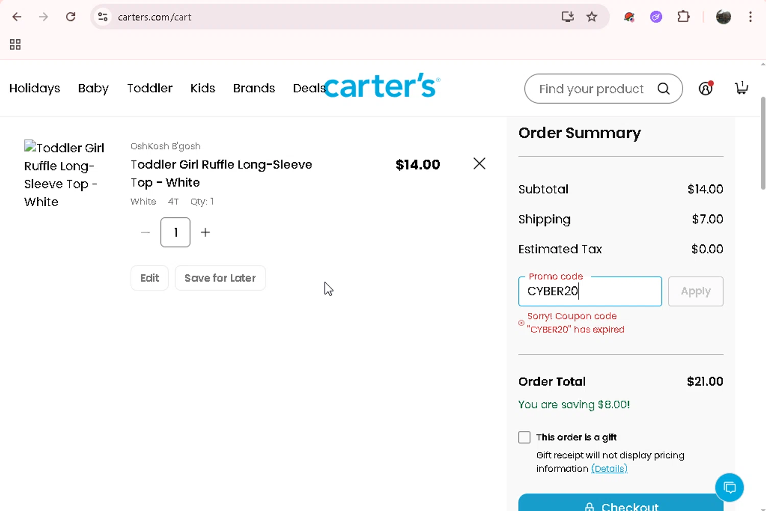 OshKosh B'gosh promo code screenshot showing code CYBER20 applied at OshKosh B'gosh checkout page. Uploaded by SimplyCodes community member JASTIFY on Dec 9, 2025