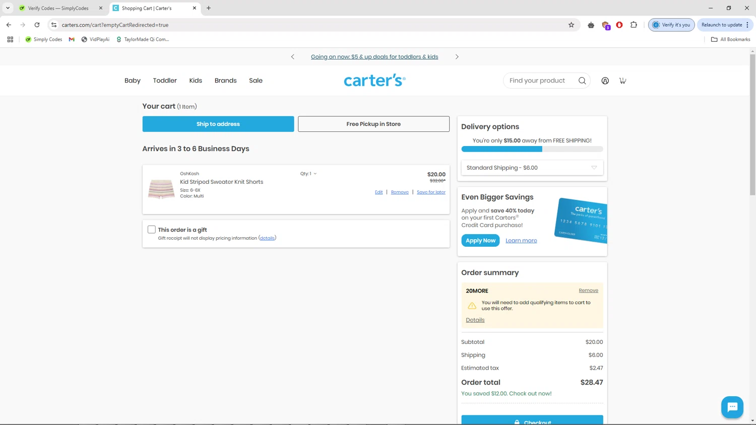 OshKosh B'gosh checkout page showing OshKosh B'gosh promo code box | Screenshot taken by SimplyCodes community member on Apr 13, 2025