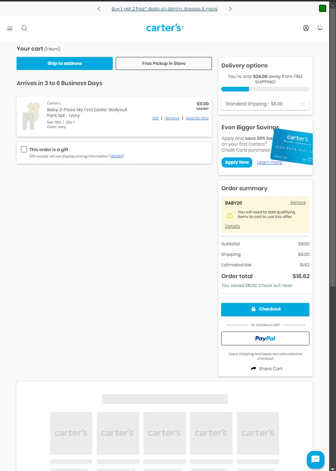OshKosh B'gosh checkout page showing OshKosh B'gosh promo code box | Screenshot taken by SimplyCodes community member on Mar 26, 2025