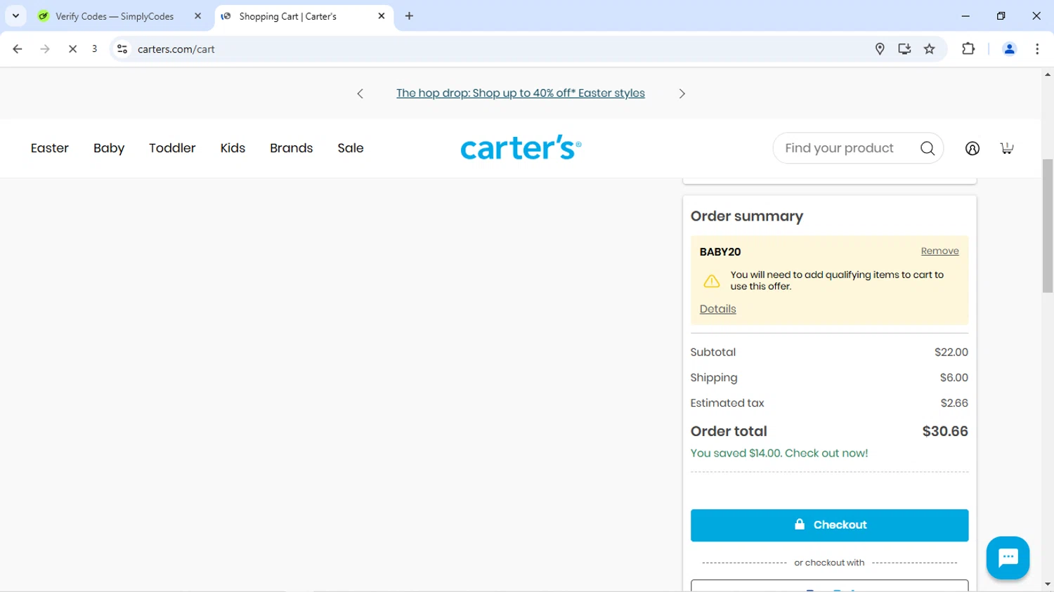 OshKosh B'gosh checkout page showing OshKosh B'gosh promo code box | Screenshot taken by SimplyCodes community member on Feb 22, 2025