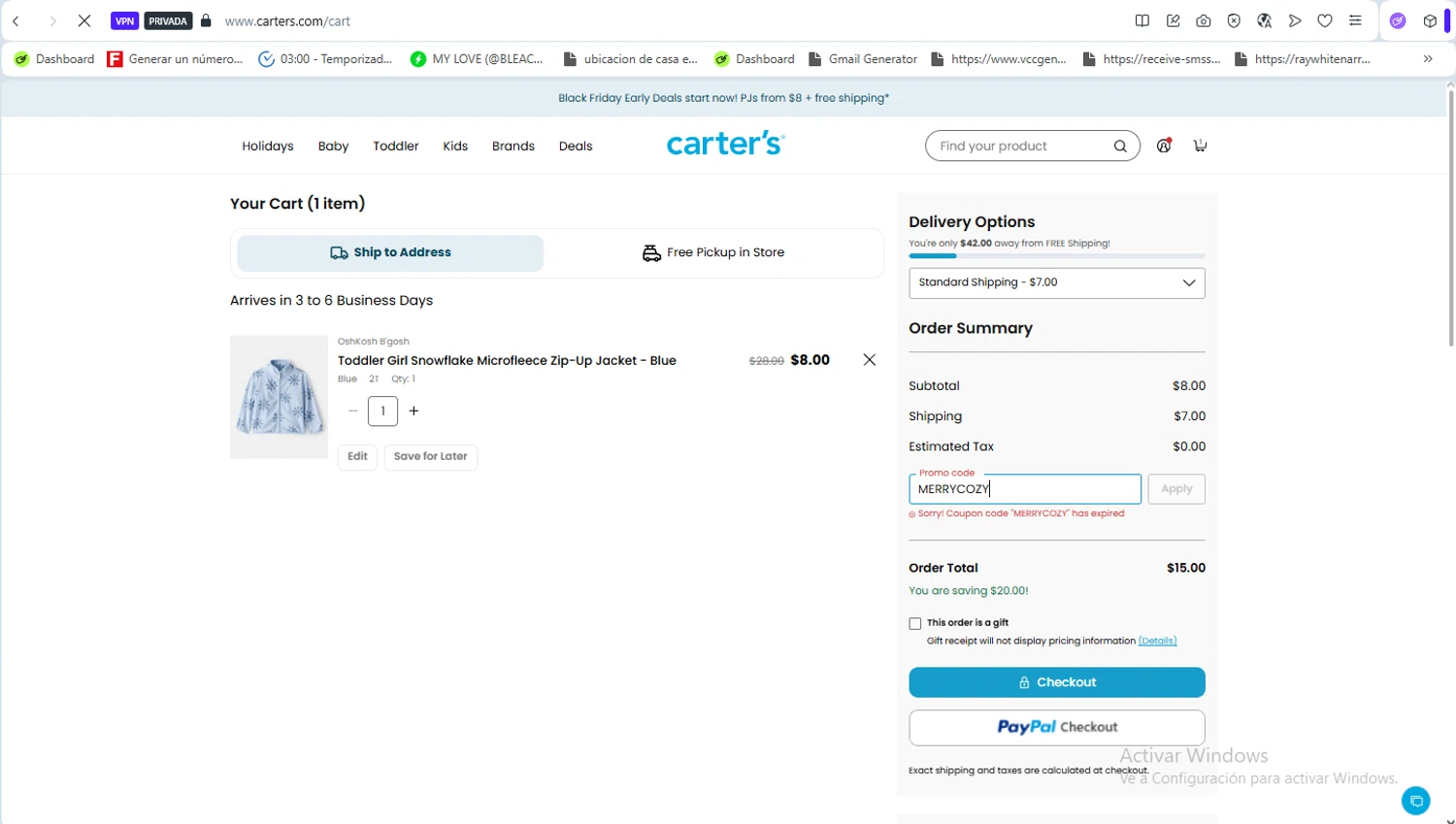 OshKosh B'gosh promo code screenshot showing code MERRYCOZY applied at OshKosh B'gosh checkout page. Uploaded by SimplyCodes community member VoucherFalcon3942 on Nov 6, 2025