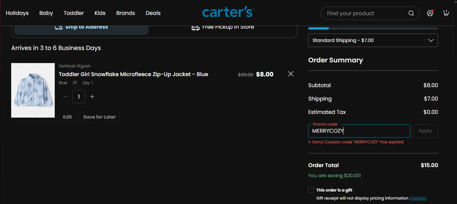 OshKosh B'gosh promo code screenshot showing code MERRYCOZY applied at OshKosh B'gosh checkout page. Uploaded by SimplyCodes community member VoucherSpotter9376 on Nov 6, 2025