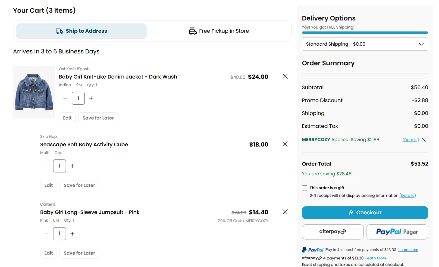 OshKosh B'gosh promo code screenshot showing code MERRYCOZY applied at OshKosh B'gosh checkout page. Uploaded by SimplyCodes community member valeriaantonieta on Oct 26, 2025