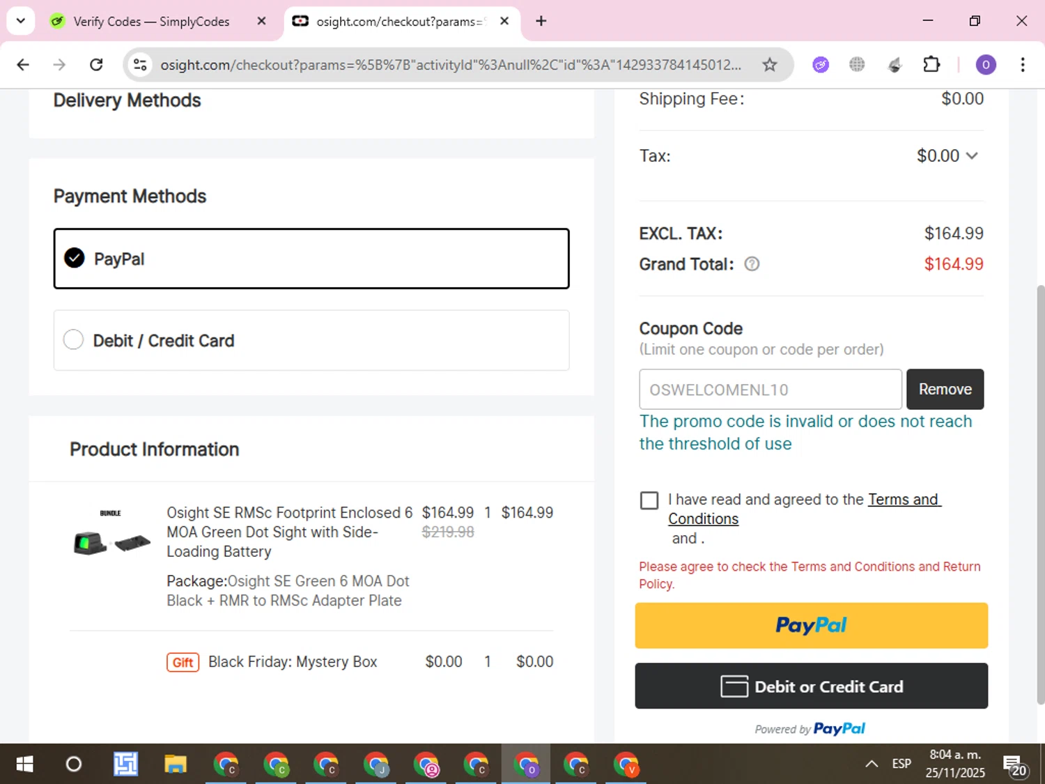 Osight promo code screenshot showing code OSWELCOMENL10 applied at Osight checkout page. Uploaded by SimplyCodes community member CleverLynx8245 on Nov 25, 2025