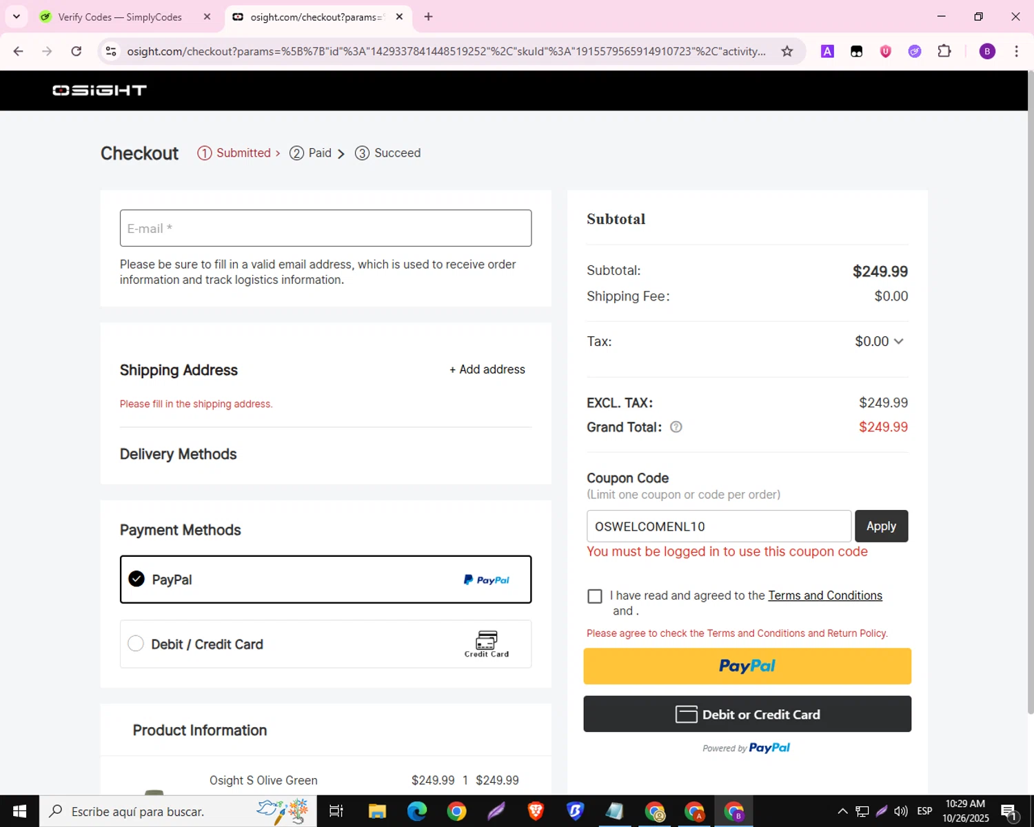 Osight checkout page showing Osight promo code box | Screenshot taken by SimplyCodes community member on Oct 26, 2025