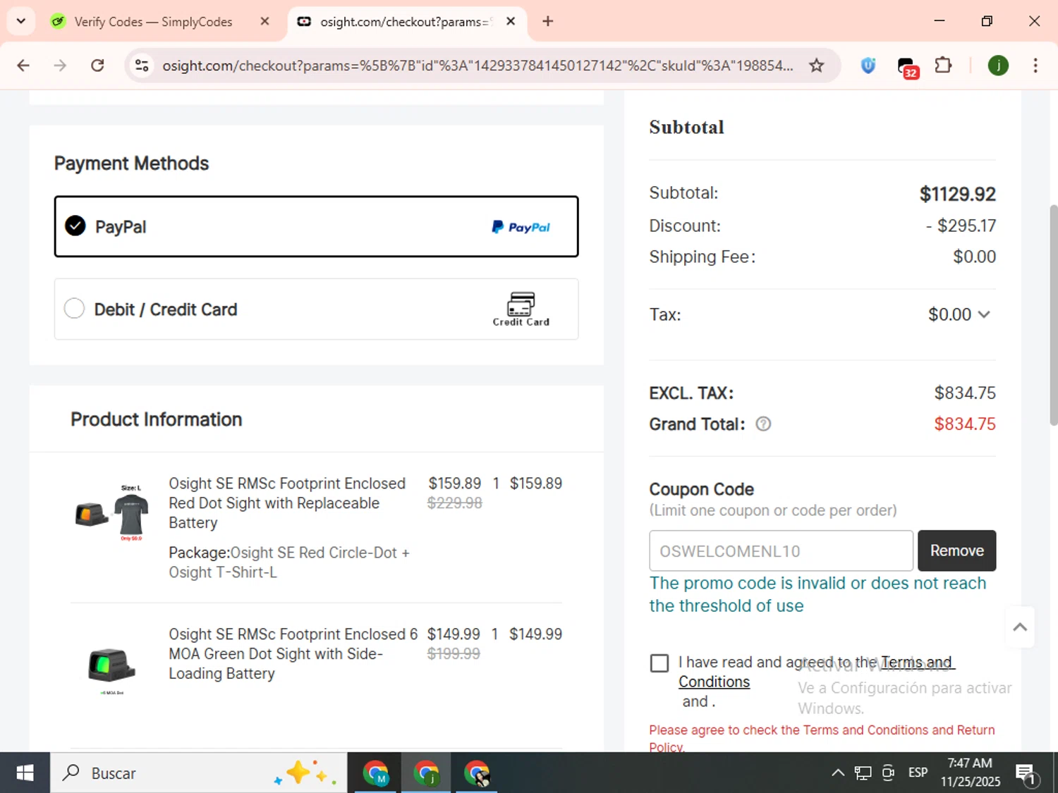 Osight promo code screenshot showing code OSWELCOMENL10 applied at Osight checkout page. Uploaded by SimplyCodes community member SavingsCollector2592 on Nov 25, 2025