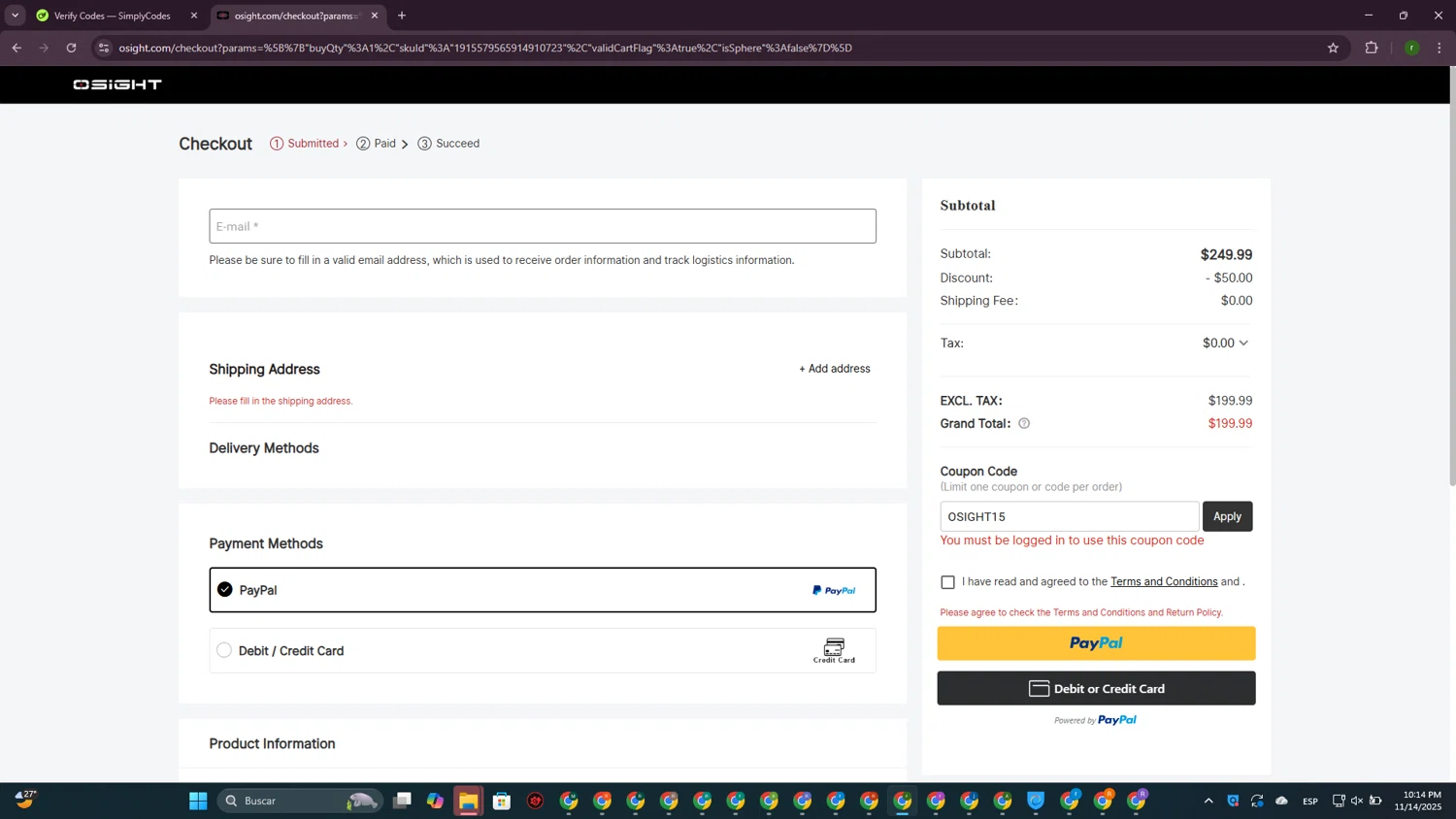 Osight promo code screenshot showing code OSIGHT15 applied at Osight checkout page. Uploaded by SimplyCodes community member GoldScout9735 on Nov 15, 2025