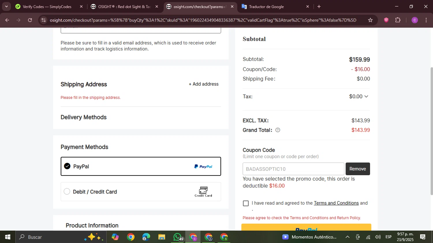 Osight promo code screenshot showing code BADASSOPTIC10 applied at Osight checkout page. Uploaded by SimplyCodes community member FrugalPro5078 on Sep 24, 2025