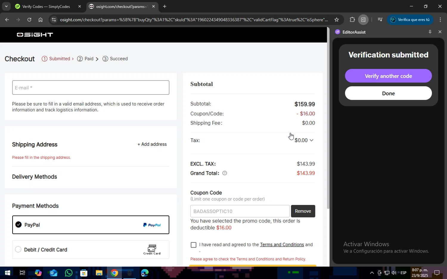 Osight promo code screenshot showing code BADASSOPTIC10 applied at Osight checkout page. Uploaded by SimplyCodes community member SOPACONPAN on Sep 24, 2025
