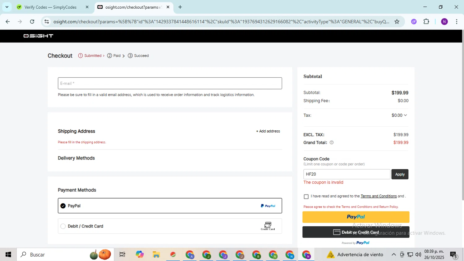 Osight promo code screenshot showing code HF20 applied at Osight checkout page. Uploaded by SimplyCodes community member QuestOwl9632 on Oct 27, 2025