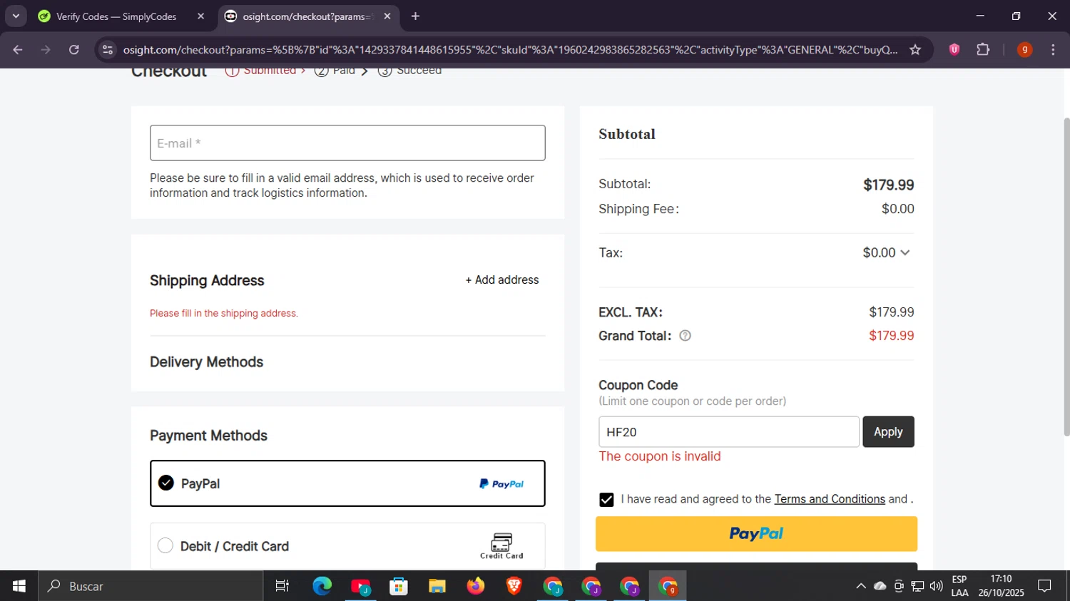 Osight promo code screenshot showing code HF20 applied at Osight checkout page. Uploaded by SimplyCodes community member Scottcawthon on Oct 26, 2025