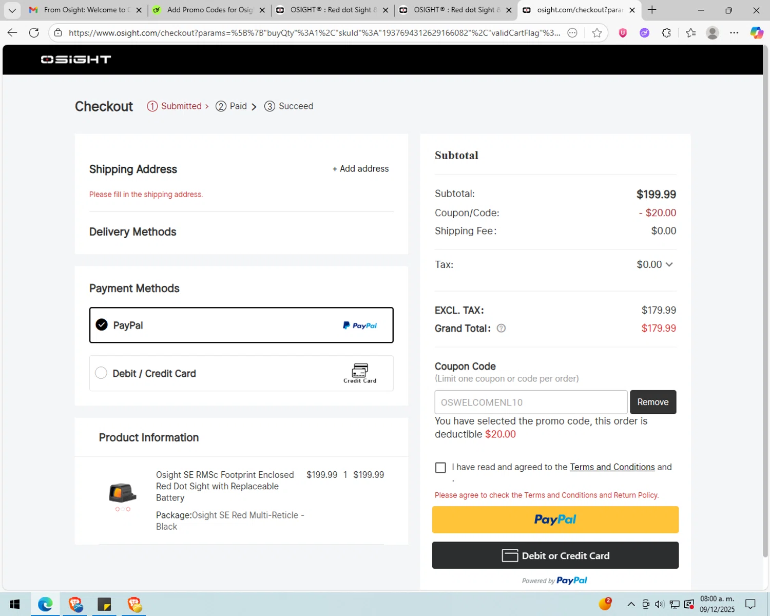 Osight promo code screenshot showing code OSWELCOMENL10 applied at Osight checkout page. Uploaded by SimplyCodes community member peachee on Dec 9, 2025