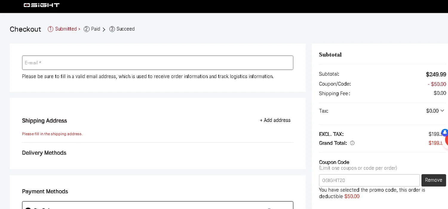 Osight promo code screenshot showing code OSIGHT20 applied at Osight checkout page. Uploaded by SimplyCodes community member shark12 on Dec 8, 2025