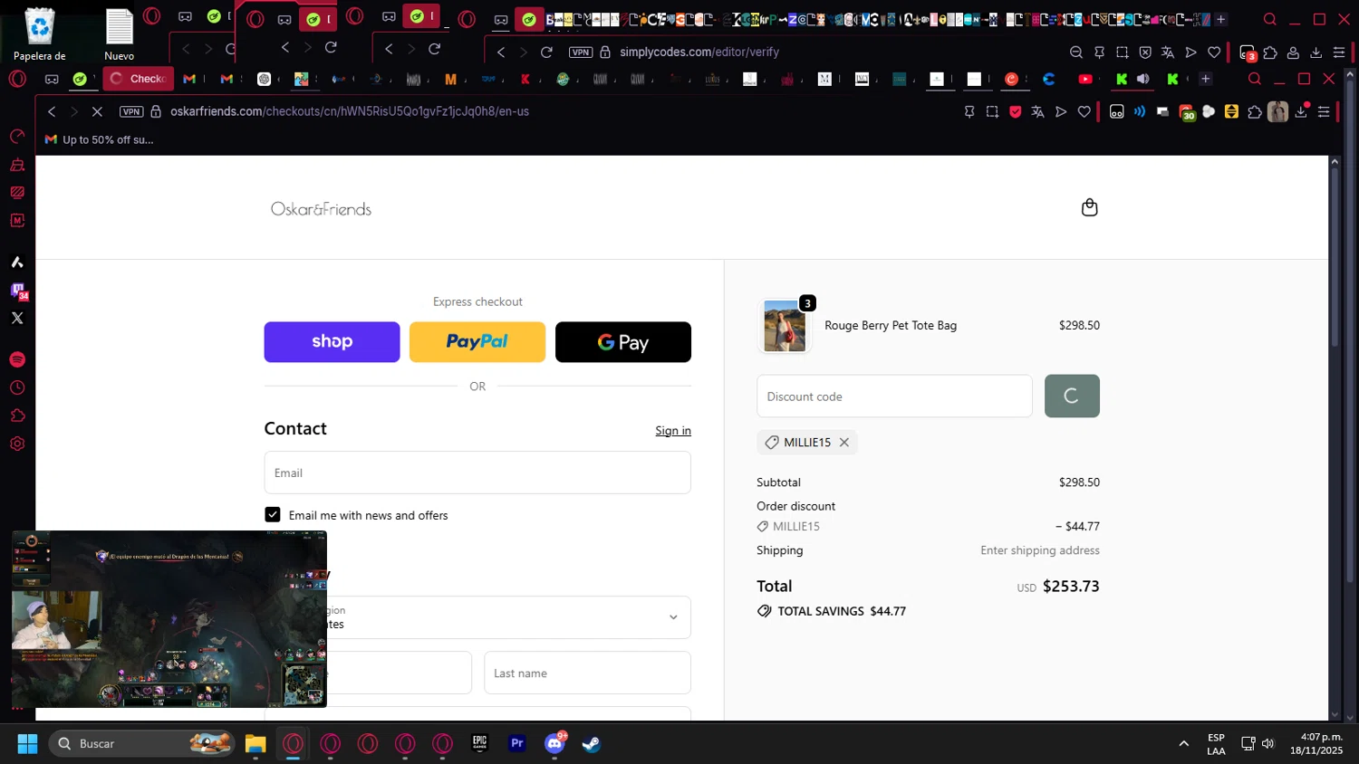 Oskar&Friends promo code screenshot showing code MILLIE15 applied at Oskar&Friends checkout page. Uploaded by SimplyCodes community member kurcovein on Nov 18, 2025