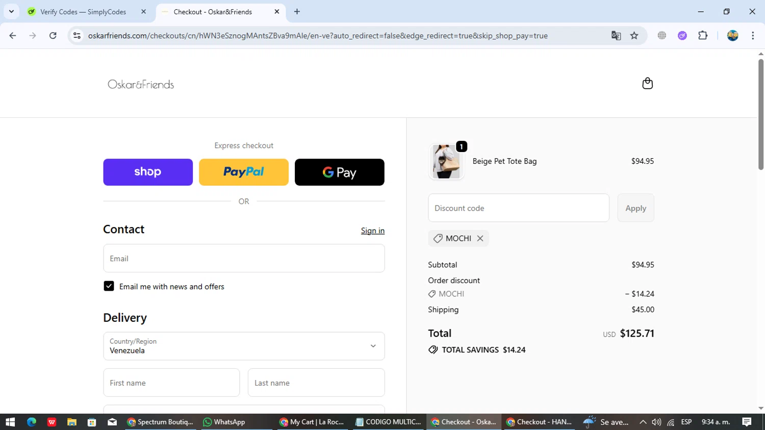Oskar&Friends promo code screenshot showing code MOCHI applied at Oskar&Friends checkout page. Uploaded by SimplyCodes community member EpicTracker8800 on Oct 2, 2025