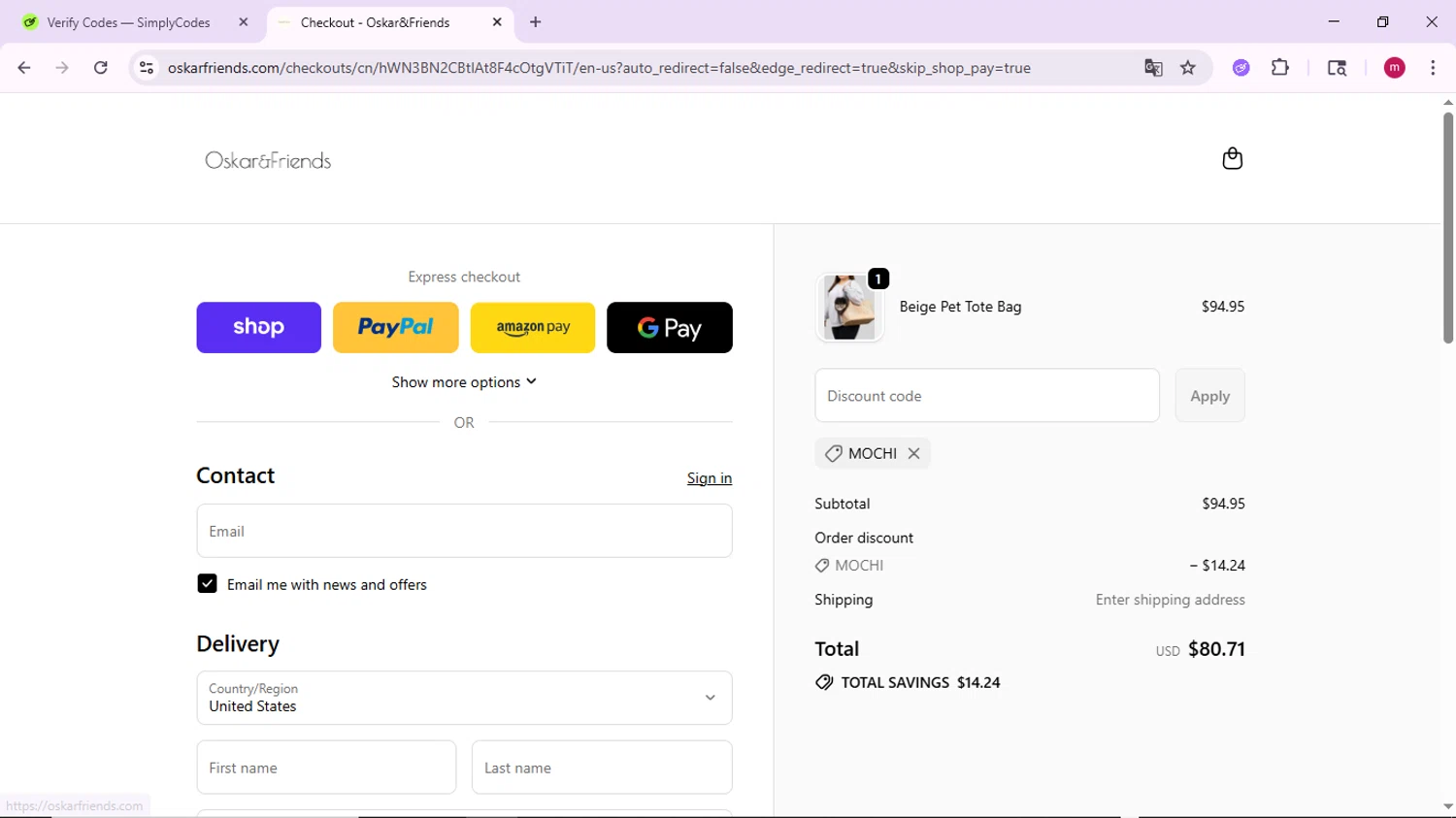 Oskar&Friends promo code screenshot showing code MOCHI applied at Oskar&Friends checkout page. Uploaded by SimplyCodes community member PrimeSage7080 on Sep 20, 2025