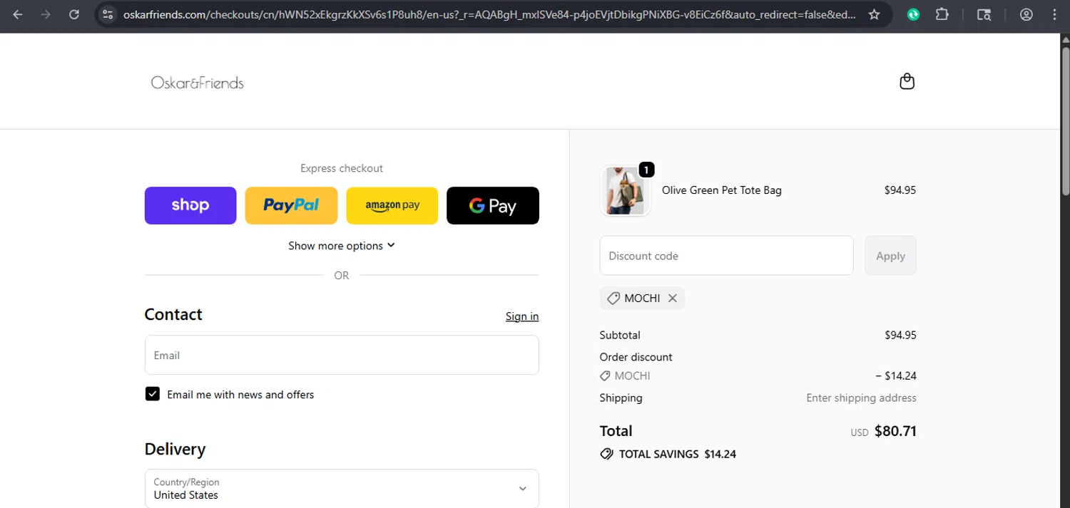Oskar&Friends promo code screenshot showing code MOCHI applied at Oskar&Friends checkout page. Uploaded by SimplyCodes community member xaswqe on Nov 8, 2025