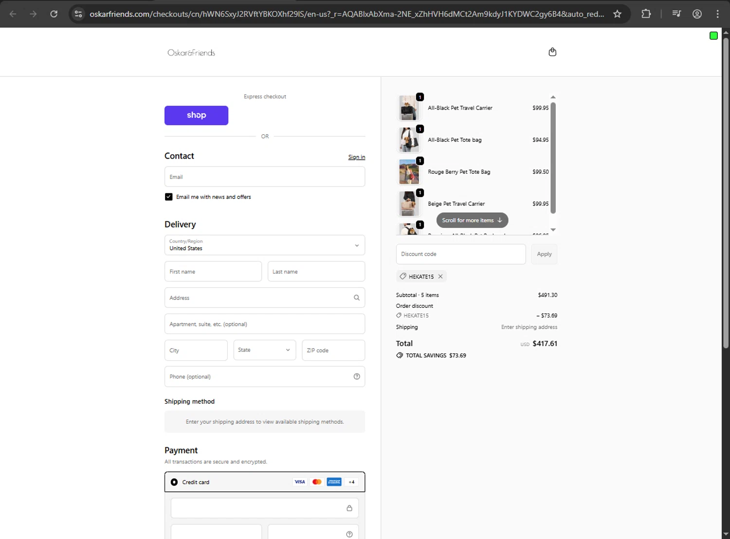 Oskar&Friends promo code screenshot showing code HEKATE15 applied at Oskar&Friends checkout page. Uploaded by SimplyCodes community member QuestScholar1789 on Dec 15, 2025