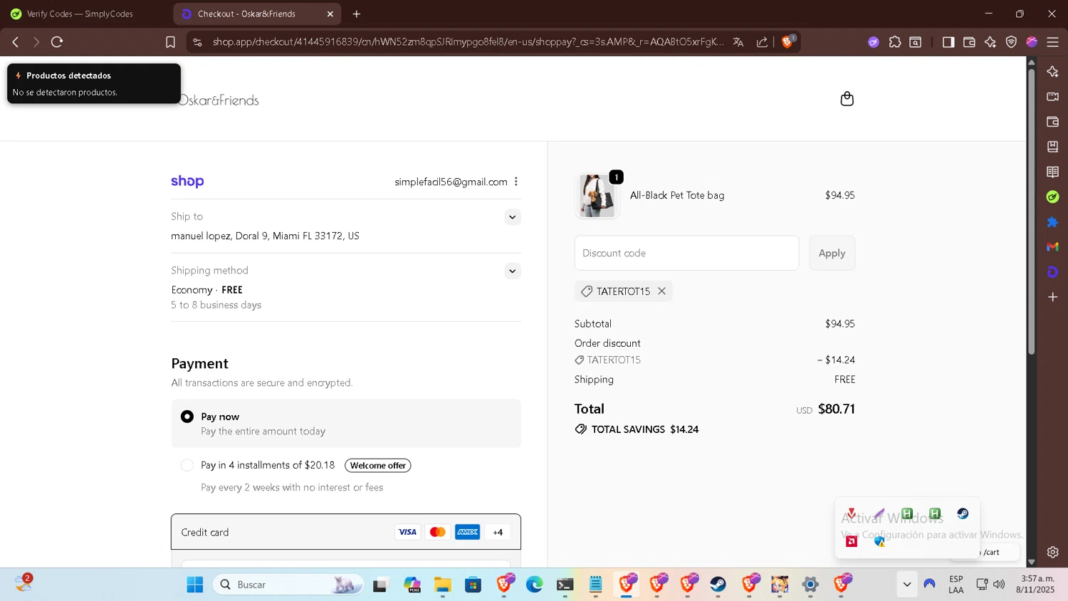 Oskar&Friends promo code screenshot showing code TATERTOT15 applied at Oskar&Friends checkout page. Uploaded by SimplyCodes community member DiscountExpert556 on Nov 8, 2025