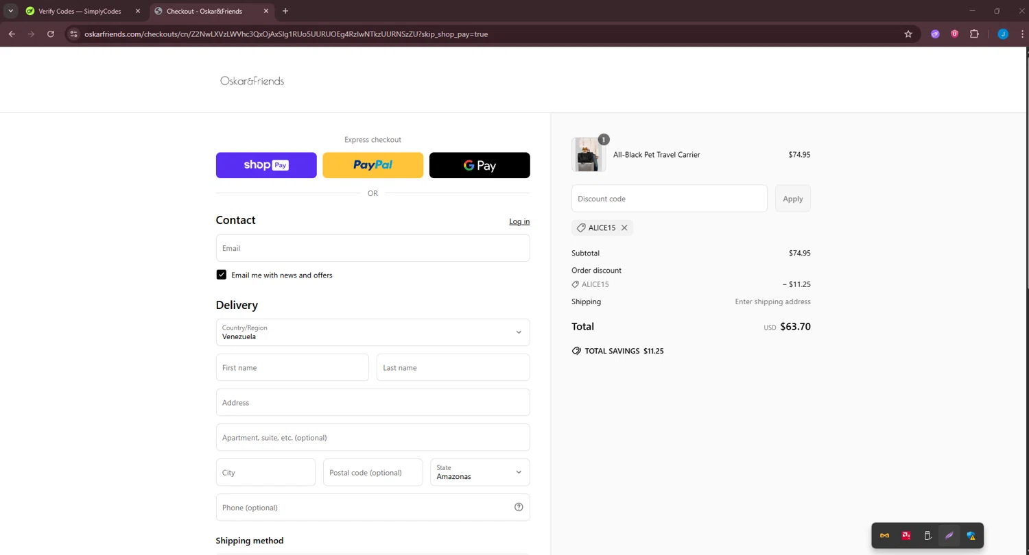 Oskar&Friends promo code screenshot showing code ALICE15 applied at Oskar&Friends checkout page. Uploaded by SimplyCodes community member BargainGuardian280 on Jun 7, 2025