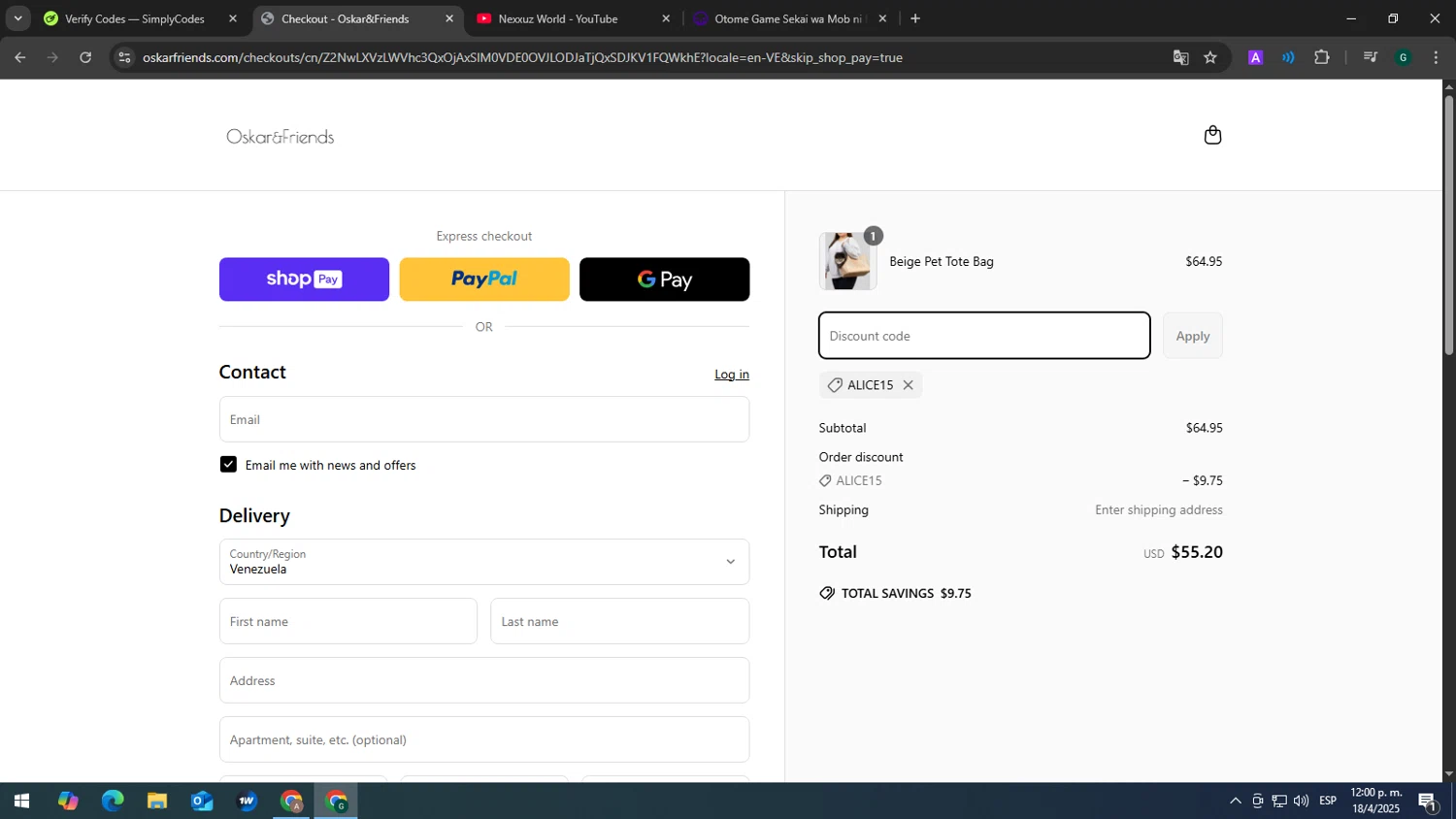 Oskar&Friends promo code screenshot showing code ALICE15 applied at Oskar&Friends checkout page. Uploaded by SimplyCodes community member GOJOSATURO on Apr 18, 2025