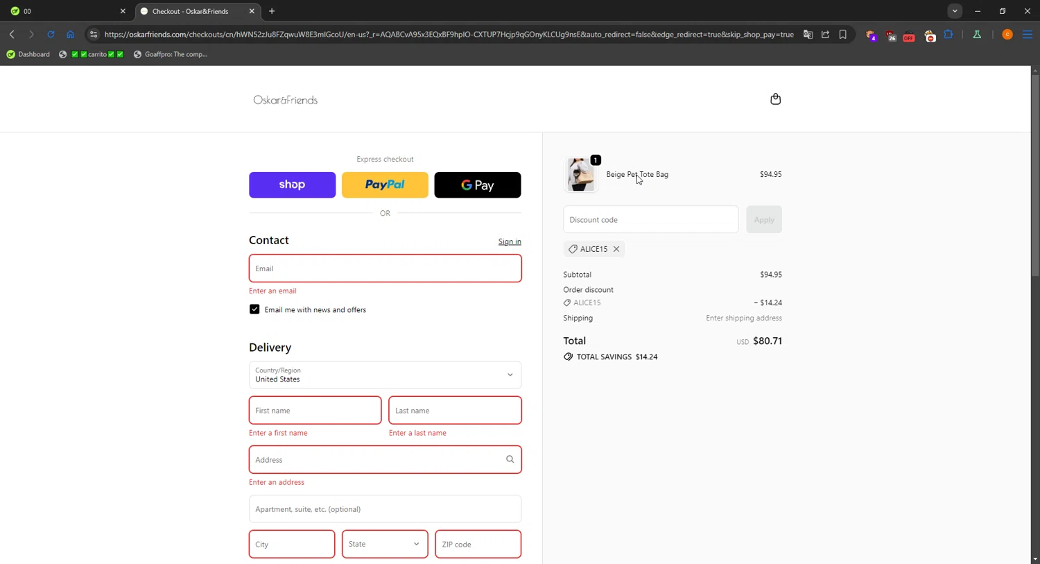 Oskar&Friends promo code screenshot showing code ALICE15 applied at Oskar&Friends checkout page. Uploaded by SimplyCodes community member LOgoter on Nov 8, 2025