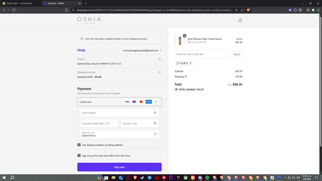 Oskia checkout page showing Oskia discount code box | Screenshot taken by SimplyCodes community member on Sep 8, 2025