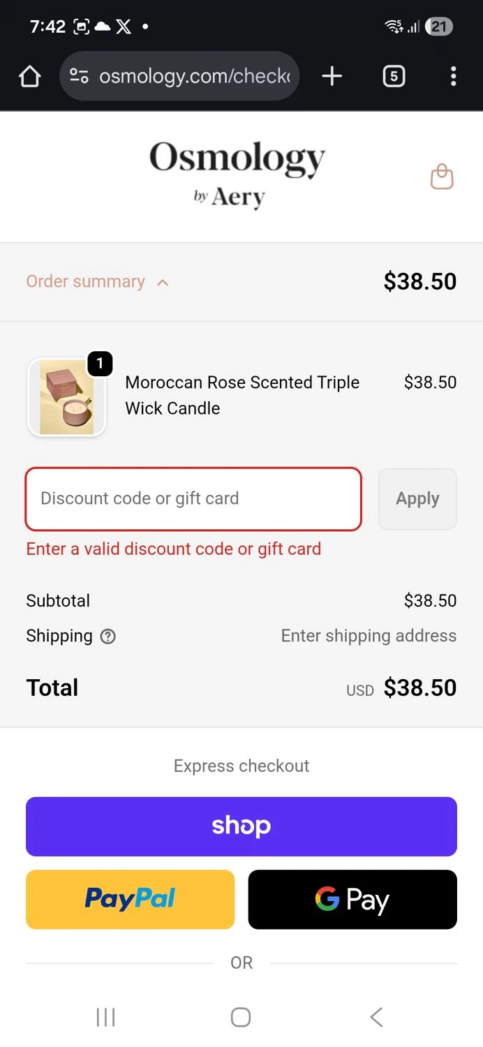Osmology discount code screenshot showing code WELCOME20 applied at Osmology checkout page. Uploaded by SimplyCodes community member kikimbappe on Nov 18, 2025