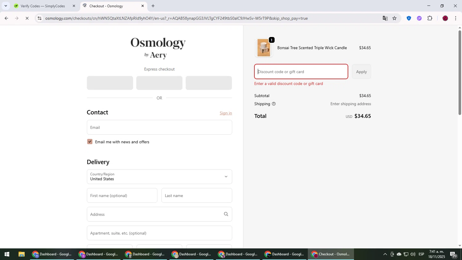 Osmology discount code screenshot showing code NEW20 applied at Osmology checkout page. Uploaded by SimplyCodes community member MightyLegend6657 on Nov 18, 2025