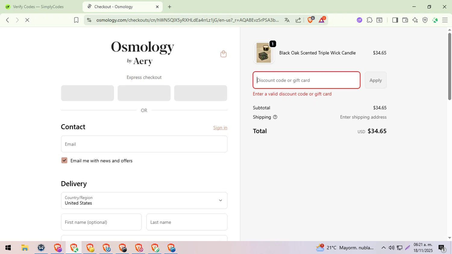 Osmology discount code screenshot showing code NEW20 applied at Osmology checkout page. Uploaded by SimplyCodes community member ylleneromero on Nov 18, 2025