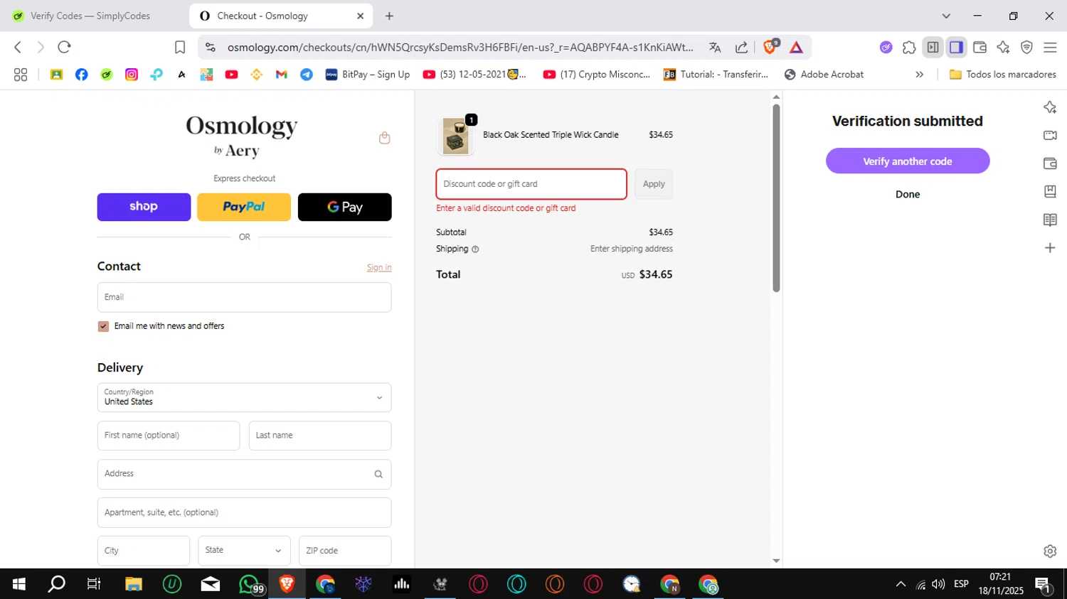 Osmology discount code screenshot showing code FREESHIPPING applied at Osmology checkout page. Uploaded by SimplyCodes community member Sungjinwoo on Nov 18, 2025