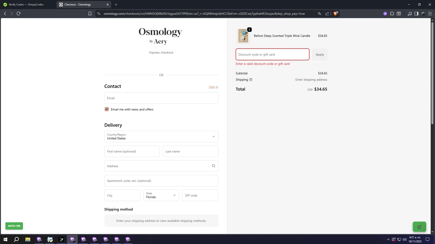 Osmology discount code screenshot showing code FREESHIPPING applied at Osmology checkout page. Uploaded by SimplyCodes community member aaaaaaaaaaaaaaaaaaaaa on Nov 18, 2025