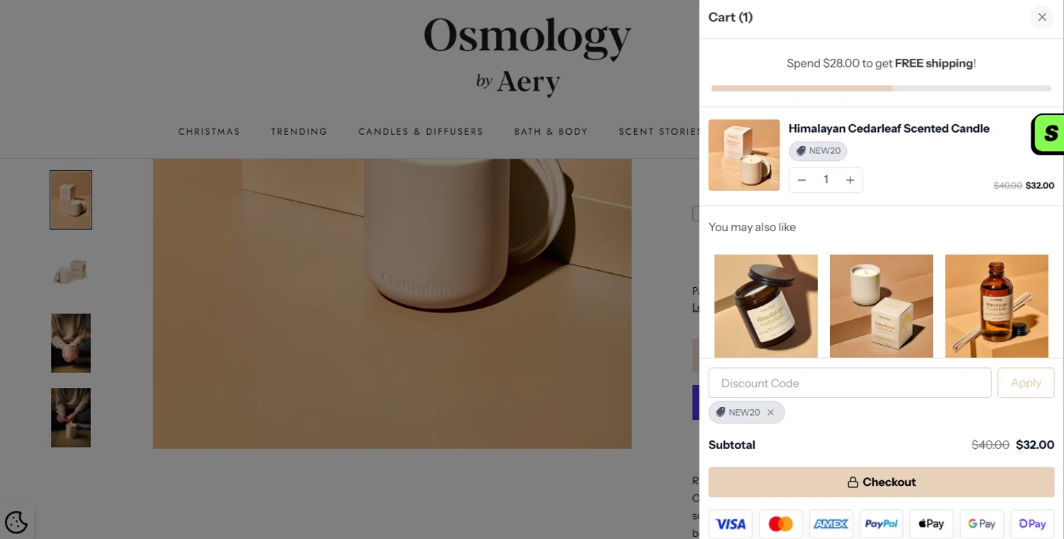 Osmology discount code screenshot showing code new20 applied at Osmology checkout page. Uploaded by SimplyCodes community member Biden0442069257555 on Dec 10, 2025