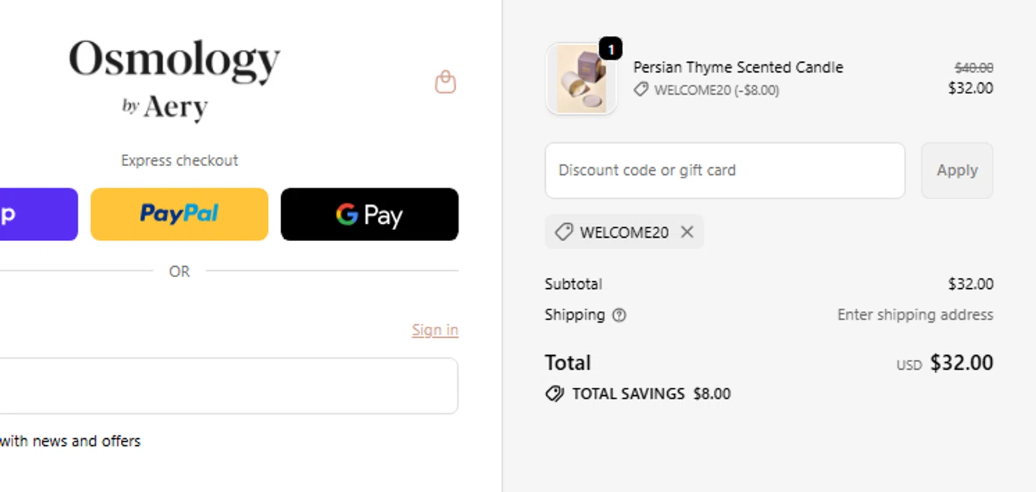 Osmology discount code screenshot showing code WELCOME20 applied at Osmology checkout page. Uploaded by SimplyCodes community member carlosrivero on Dec 5, 2025