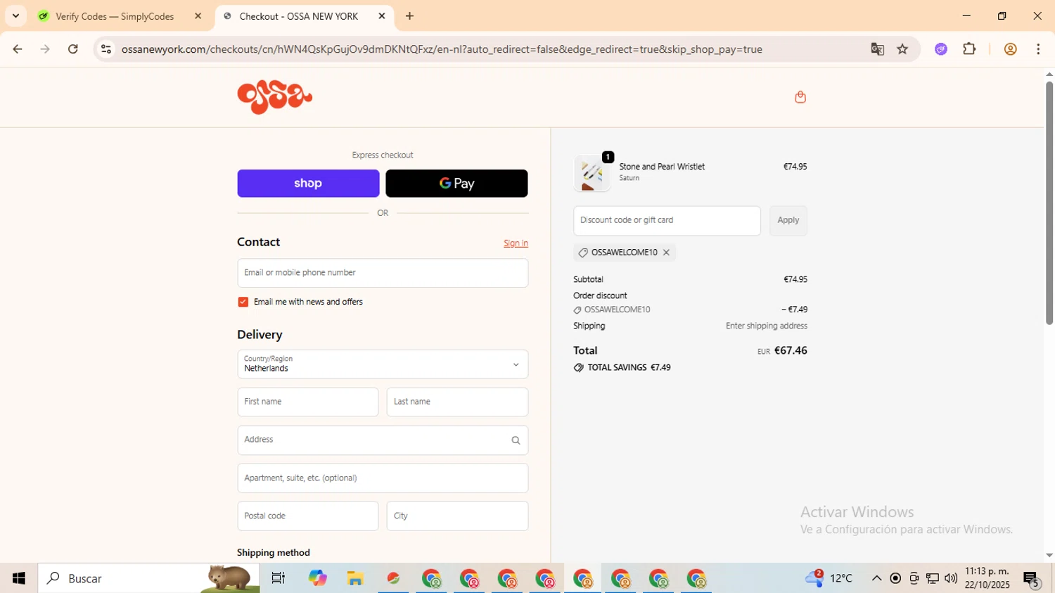 OSSA NEW YORK promo code screenshot showing code OSSAWELCOME10 applied at OSSA NEW YORK checkout page. Uploaded by SimplyCodes community member QuestOwl9632 on Oct 23, 2025
