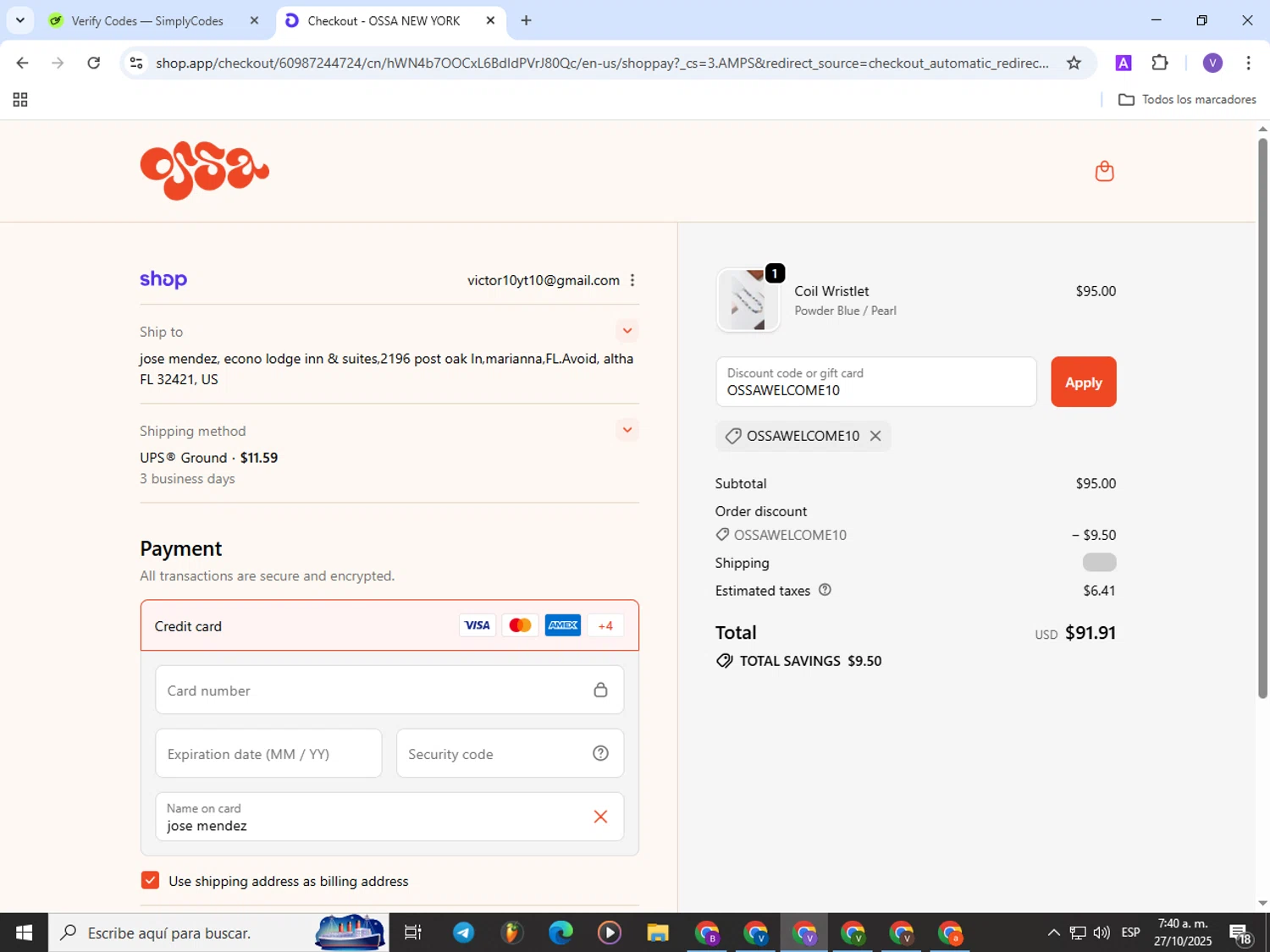 OSSA NEW YORK promo code screenshot showing code OSSAWELCOME10 applied at OSSA NEW YORK checkout page. Uploaded by SimplyCodes community member Satoru_gojo on Oct 27, 2025
