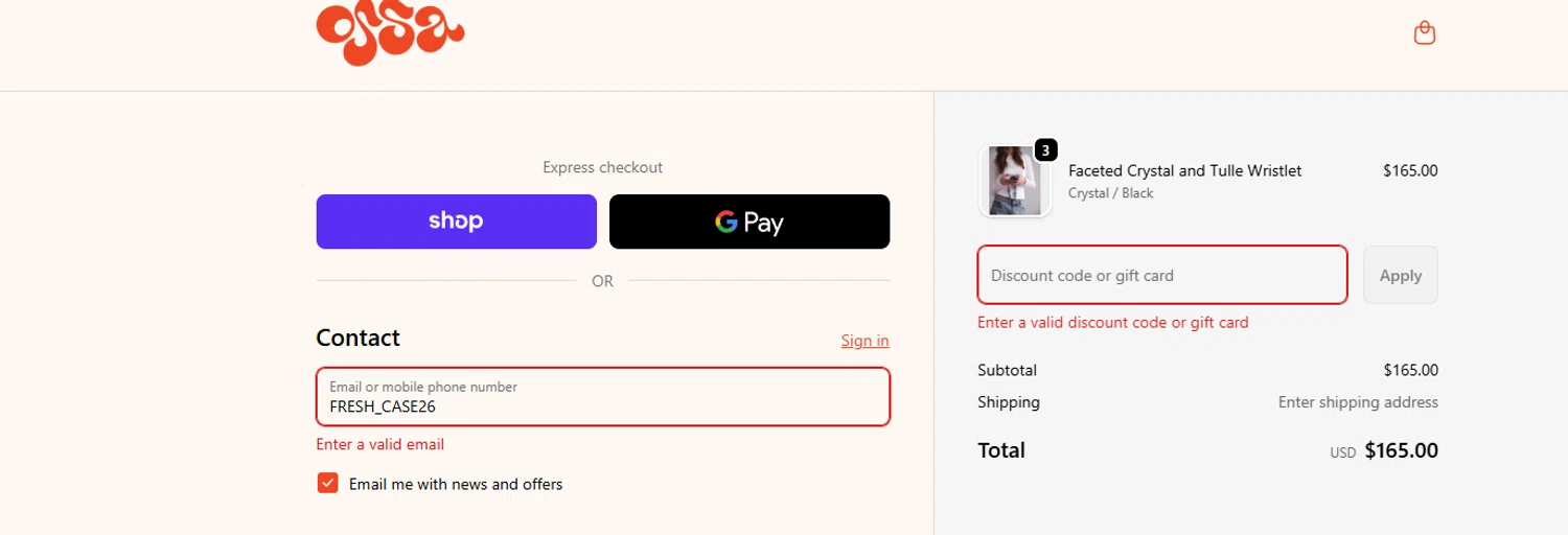OSSA NEW YORK promo code screenshot showing code FRESH_CASE26 applied at OSSA NEW YORK checkout page. Uploaded by SimplyCodes community member Halanweik on Jan 22, 2026